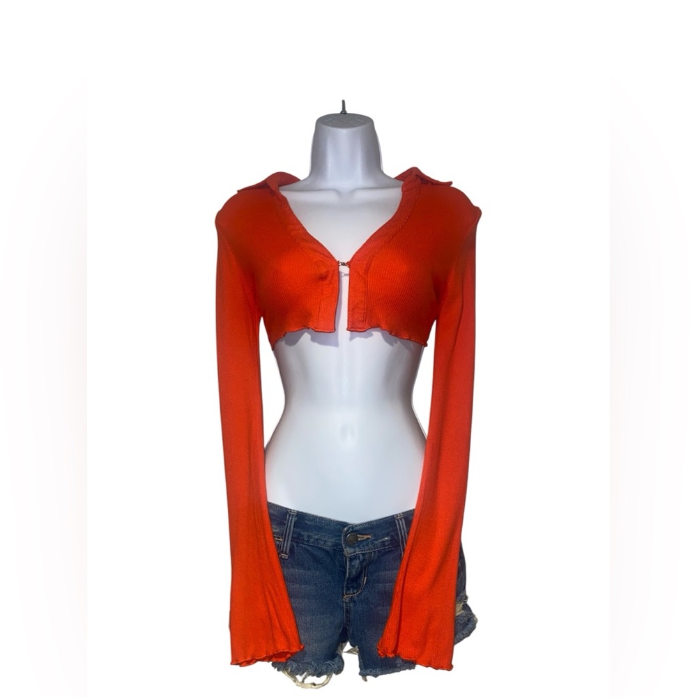Red orange Edikted waffle knit cropped long sleeve collared top